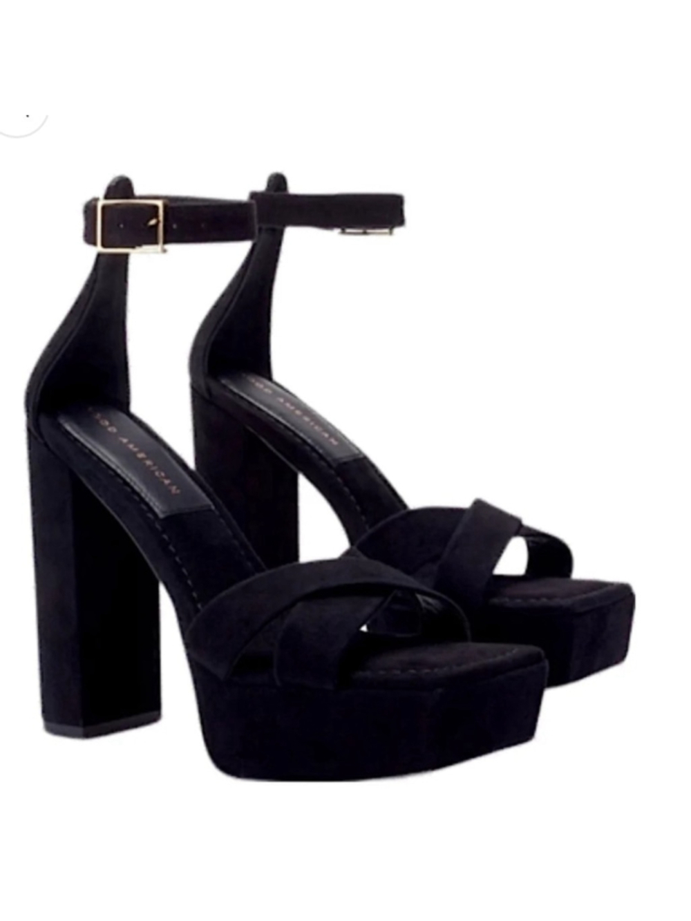 Good American Black Suede Ankle Strap Chunky Platform Sandal Heels Size 9